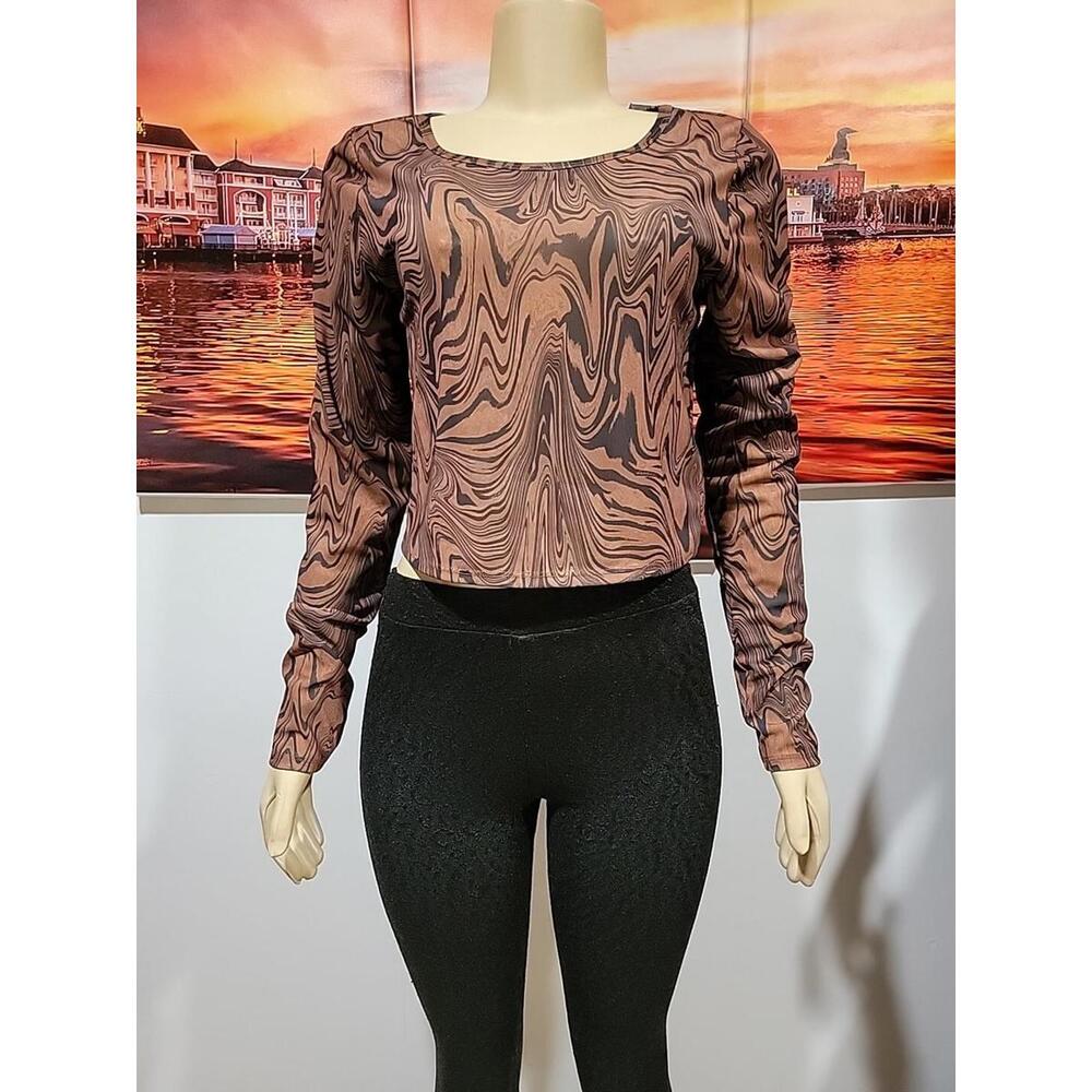 Good American Mesh Crop Women's Size 3 Brown Stretchy Chai Swirl Tank Top New #X